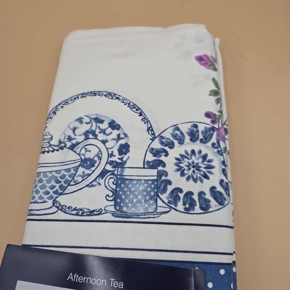 Richloom Afternoon Tea Tier Pair 60"x36" White Blue Cotton Blend Tea Cup NEW